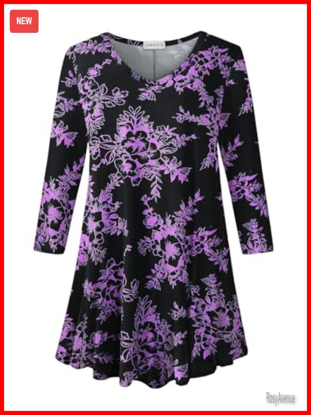 Plus Size 3/4 Sleeve V Neck Tunic Top Floral Loose Fit Blouse